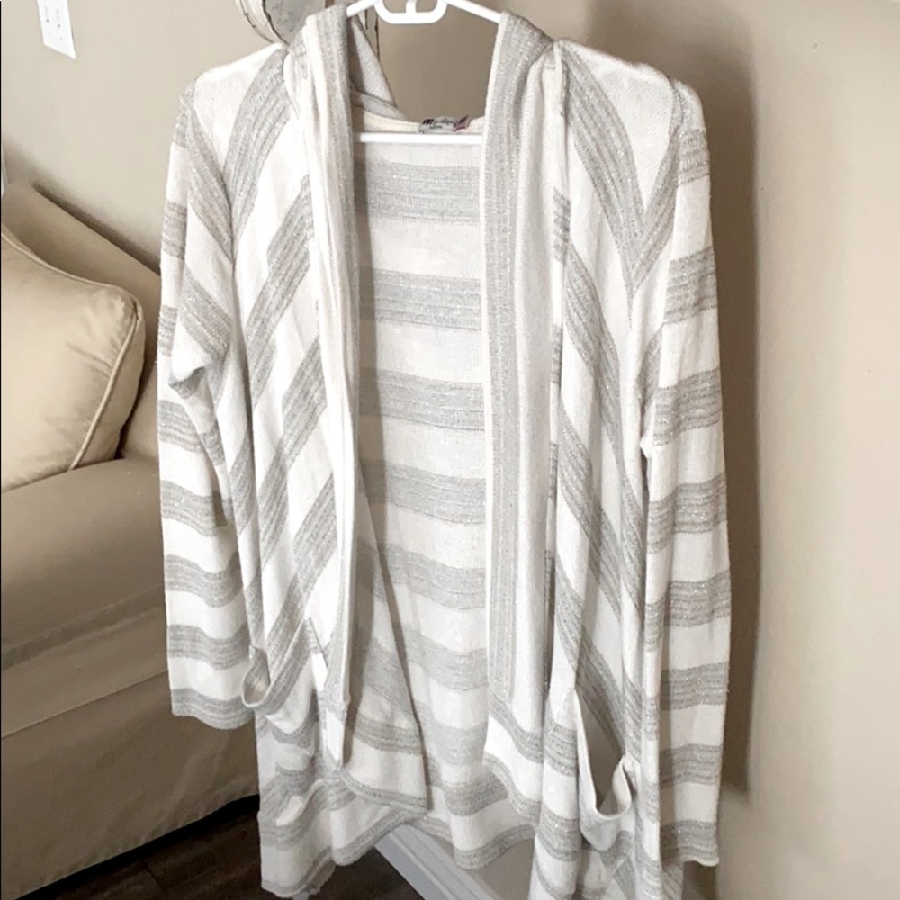 Long A-line striped sweater with hood